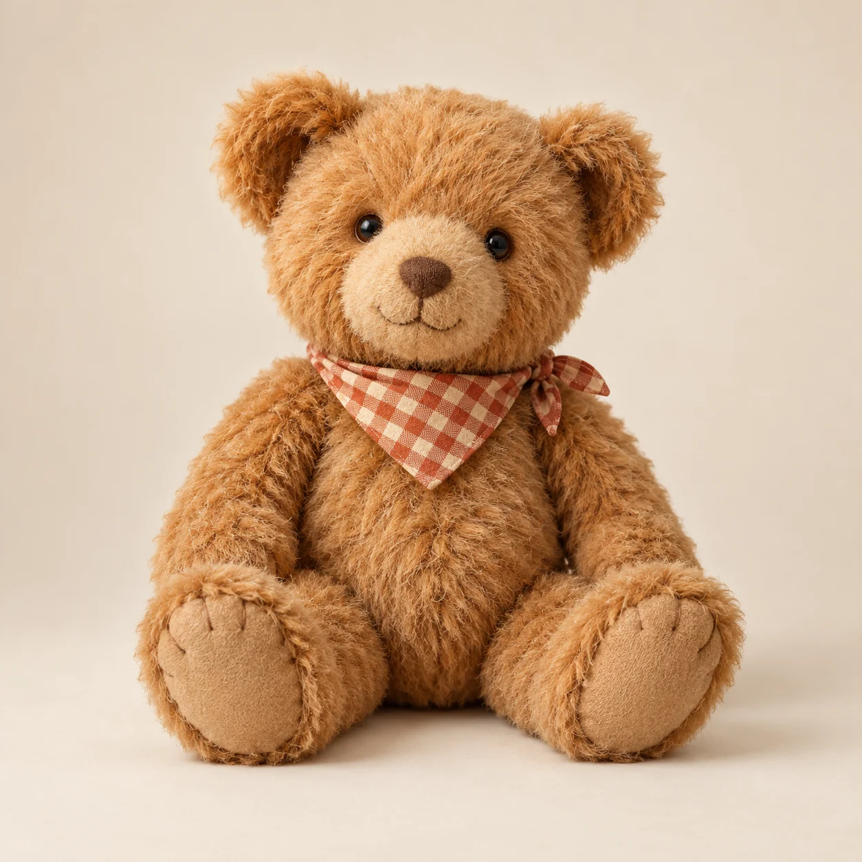 Honigbrauner Demo-Teddybär mit rotem kariertem Halstuch