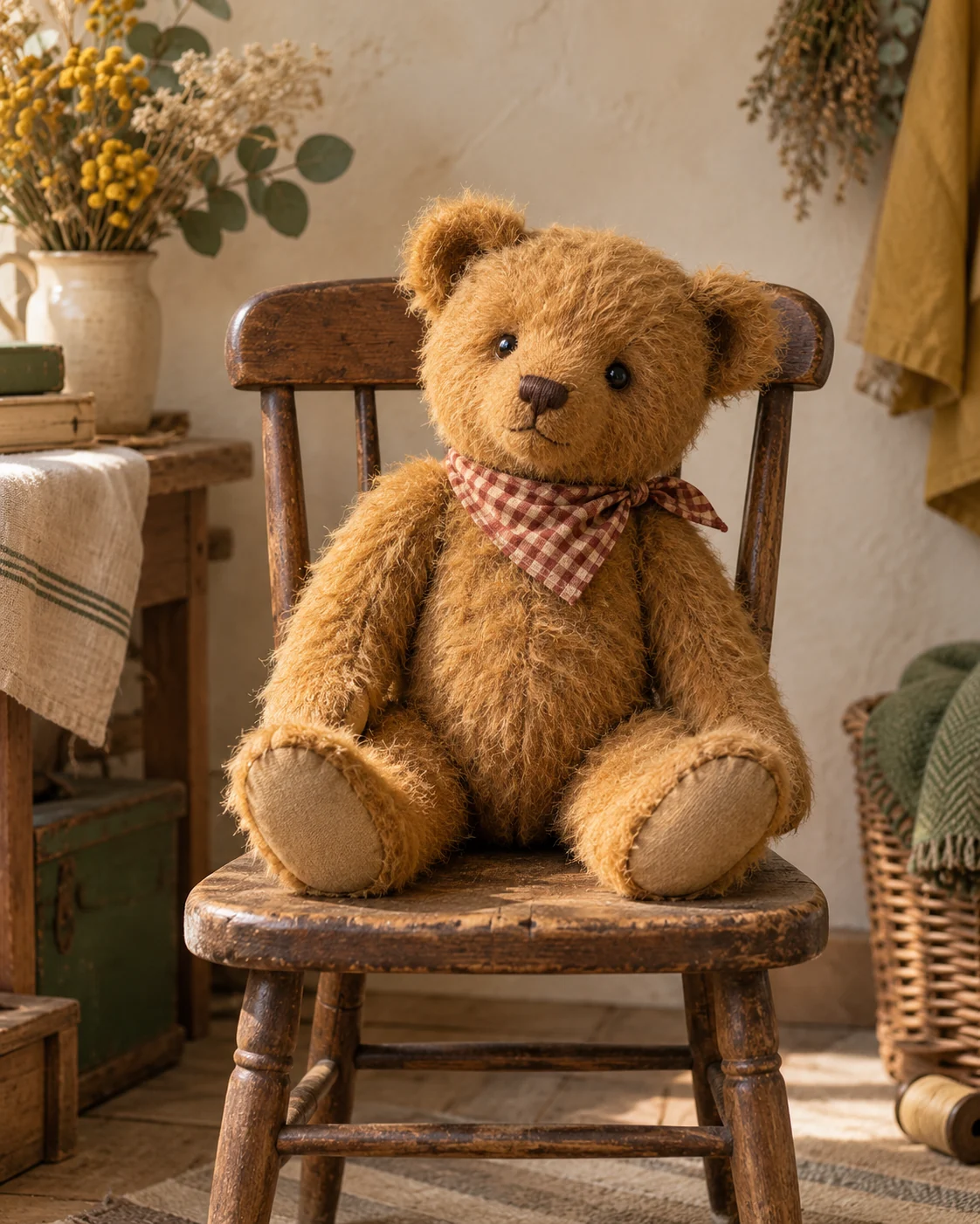 KI-Demobild: honigbrauner Teddybär mit kariertem Halstuch auf einem kleinen Holzstuhl in einer warmen Werkstatt