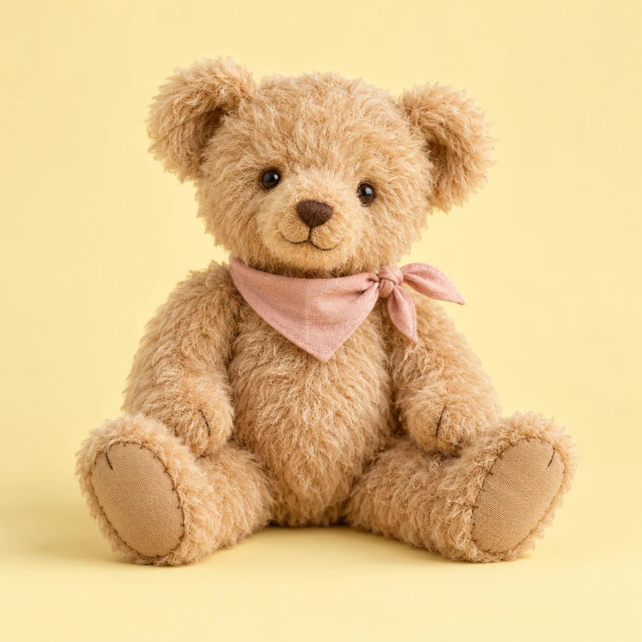 Sandfarbener Demo-Teddybär mit hellrosa Leinenhalstuch