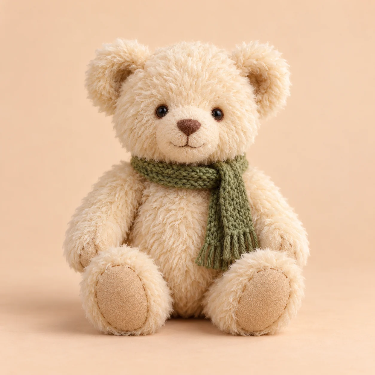 Heller Demo-Teddybär mit moosgrünem gestricktem Schal