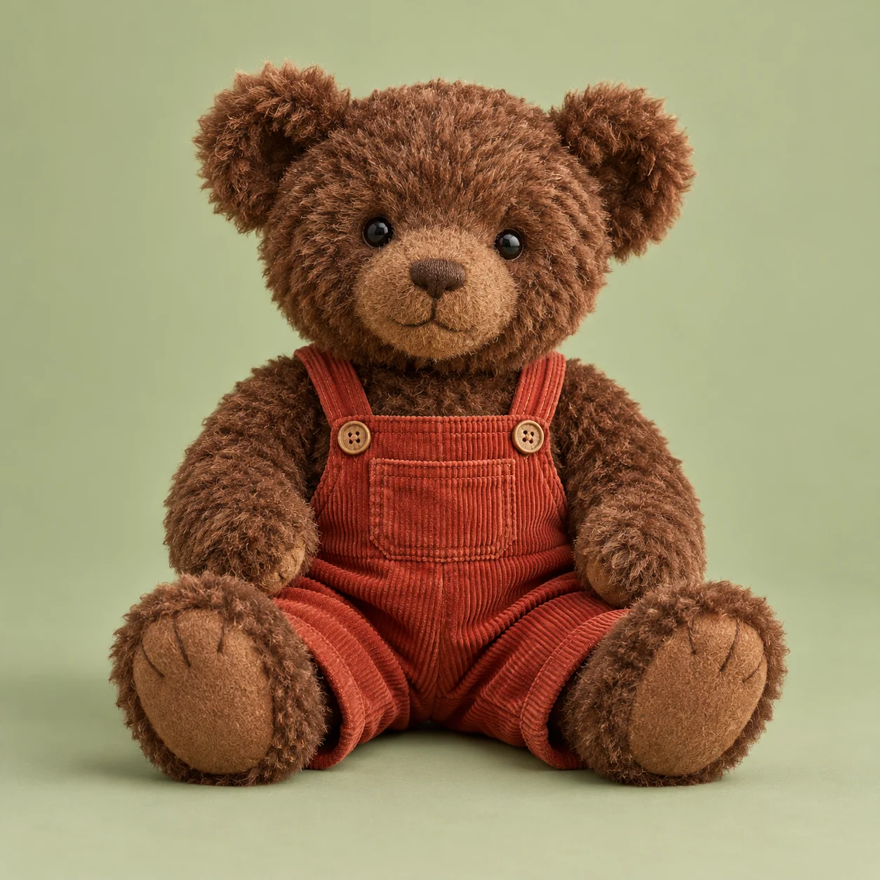 Dunkelbrauner Demo-Teddybär in rostroter Latzhose